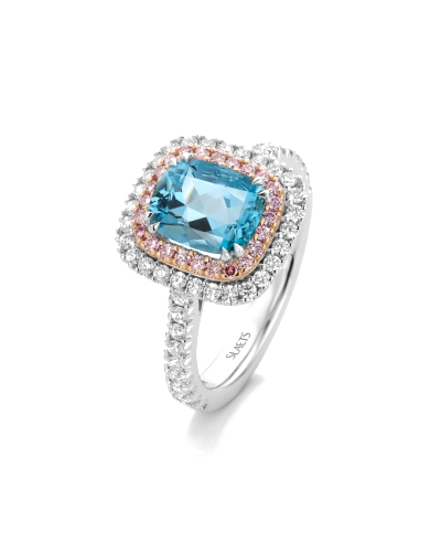 SLAETS Verlovingsringen Modern Classic Aquamarine Double Halo Ring with Pink Diamonds (watches)